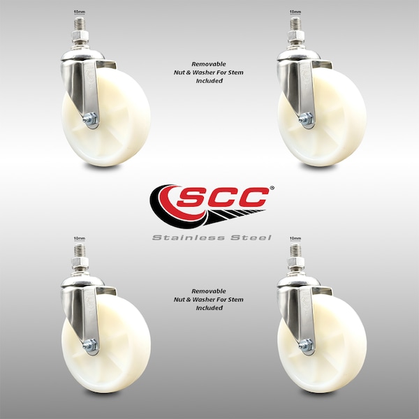 5 Inch 316SS Nylon Wheel Swivel 10mm Threaded Stem Caster Set